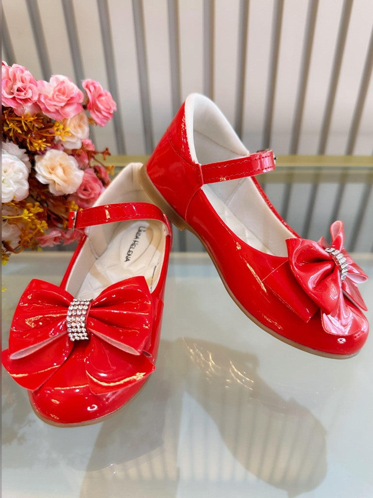 Zapatos de charol rojo de lujo con lazo y pedrería 