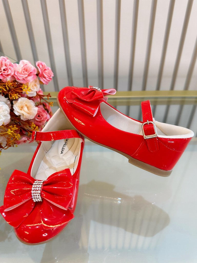 Zapatos de charol rojo de lujo con lazo y pedrería 