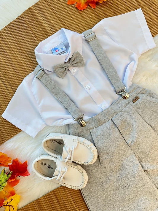 Conjunto formal de camisa gris, corbata, pantalón corto y tirantes