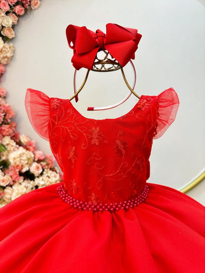 Vestido infantil rojo de lujo con encaje y cinturón de perlas