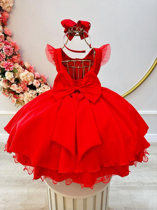 Vestido infantil rojo de lujo con encaje y cinturón de perlas