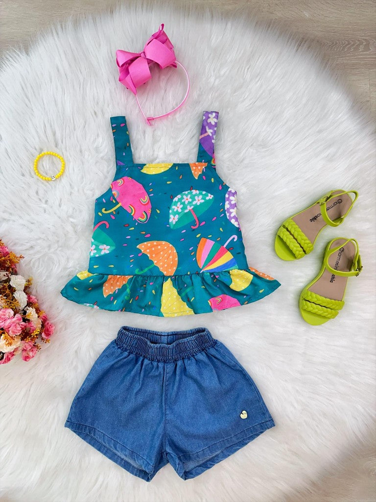 Conjunto verde colorido para niña con shorts vaqueros y pulsera