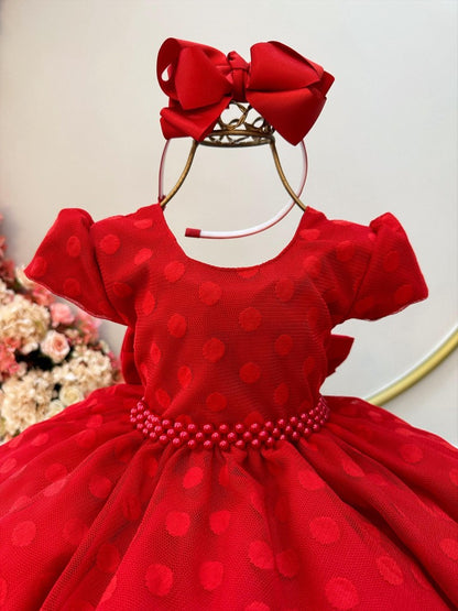 Vestido infantil de tul rojo con lunares y cinturón de perlas