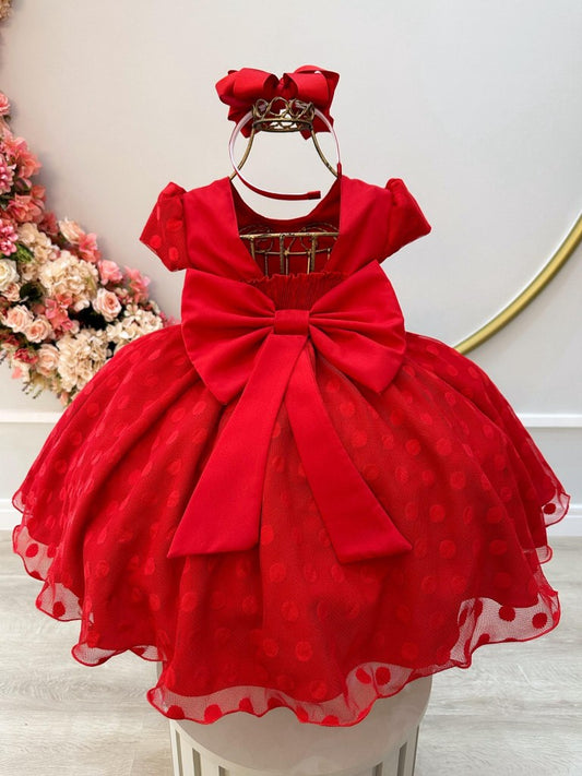 Vestido infantil de tul rojo con lunares y cinturón de perlas