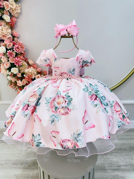 Vestido infantil de jardín de mariposas rosas con perlas de lujo para damas