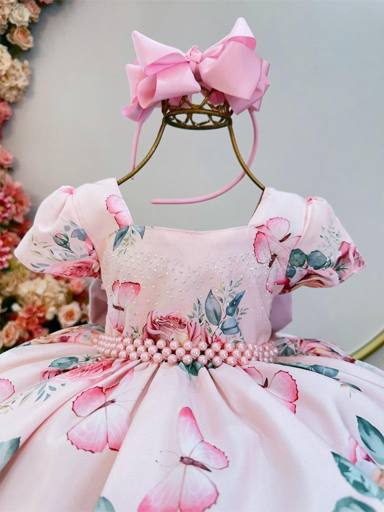 Vestido infantil de jardín de mariposas rosas con perlas de lujo para damas