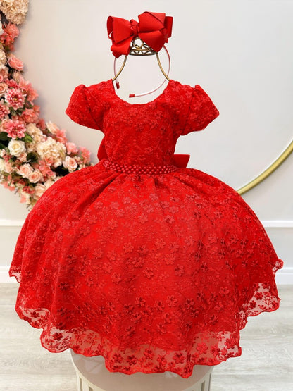 Vestido infantil de tul rojo con encaje floral y cinturón de perlas