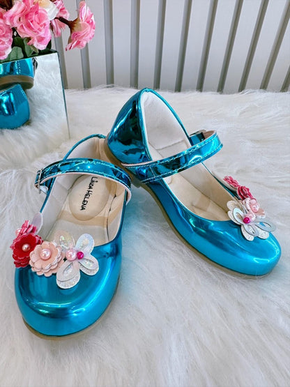 Pantuflas turquesas metálicas de lujo Enchanted Garden