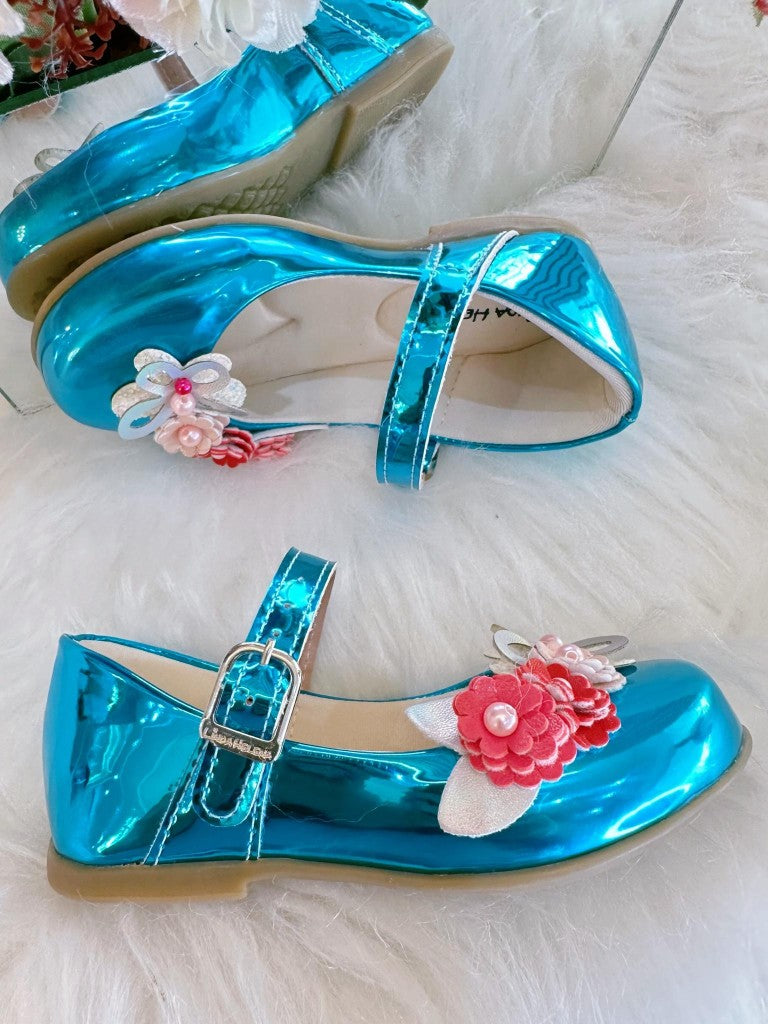 Pantuflas turquesas metálicas de lujo Enchanted Garden