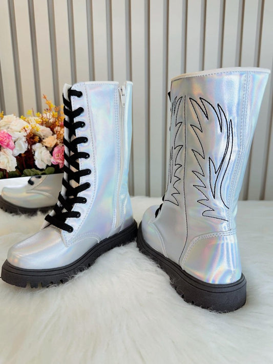 Botas Boiadeira para Niños, Caña Alta, Plateadas, Iridiscentes, Cordones, Cremallera