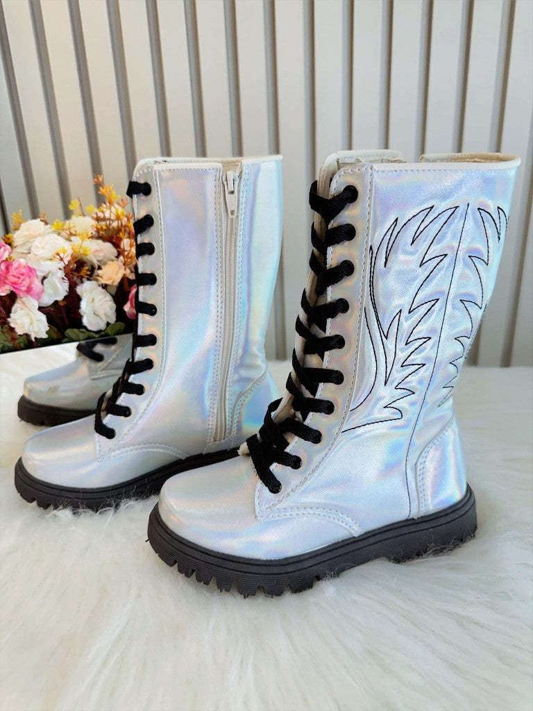 Botas Boiadeira para Niños, Caña Alta, Plateadas, Iridiscentes, Cordones, Cremallera