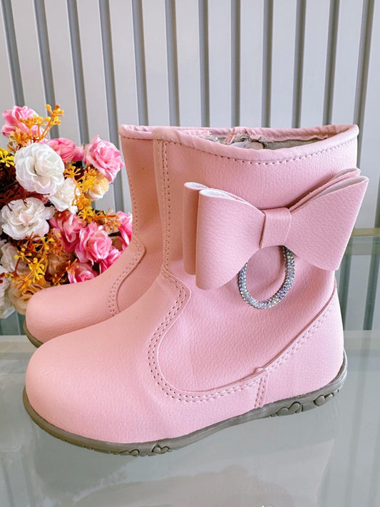 Botines infantiles rosa mate con lazo de pedrería y cremallera 