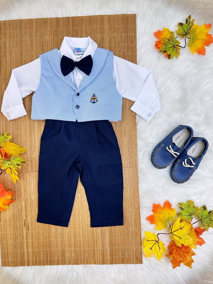 Conjunto formal: pantalón, chaleco, corbata azul y camisa blanca