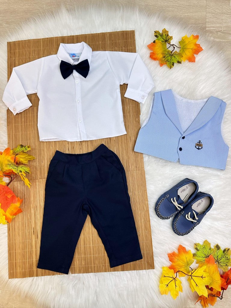 Conjunto formal: pantalón, chaleco, corbata azul y camisa blanca