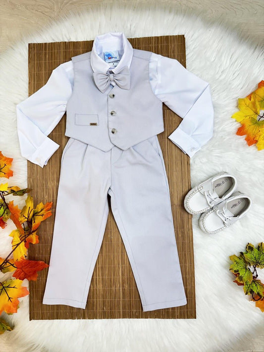 Conjunto Formal: Chaleco, Pantalón, Corbata Gris y Camisa Blanca