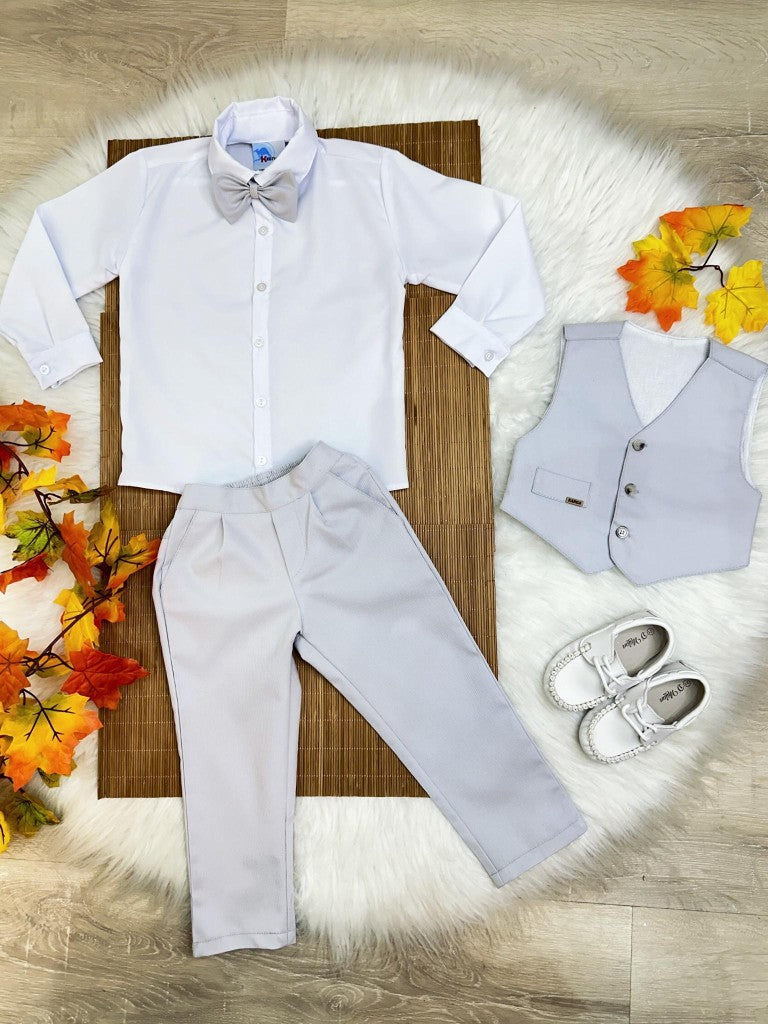 Conjunto Formal: Chaleco, Pantalón, Corbata Gris y Camisa Blanca