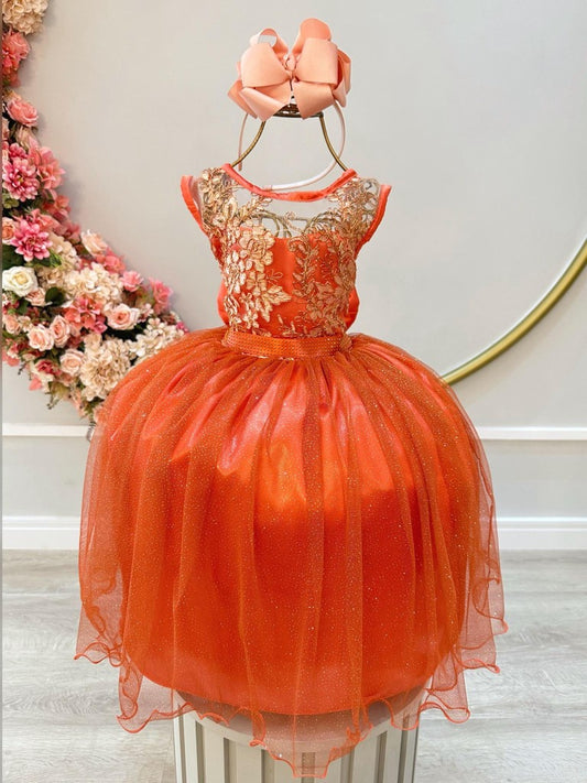 Vestido infantil terracota con encaje metalizado y tul brillante