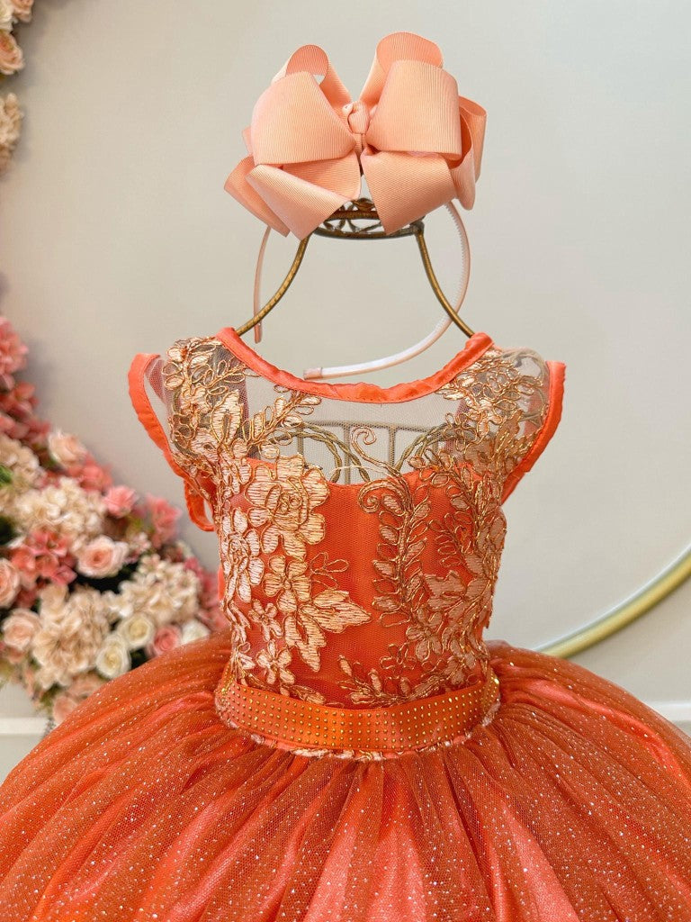 Vestido infantil terracota con encaje metalizado y tul brillante