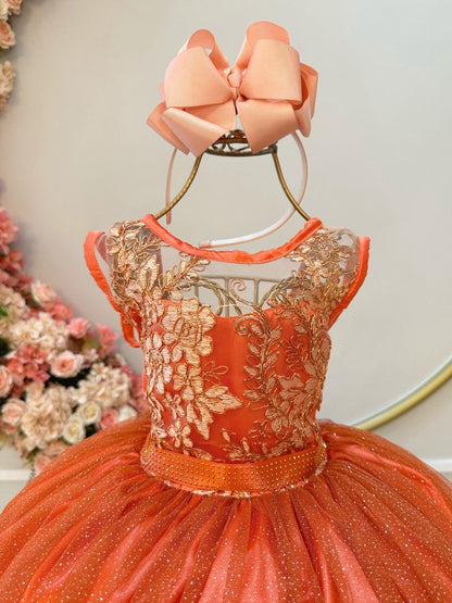 Vestido infantil terracota con encaje metalizado y tul brillante