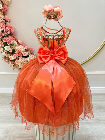 Vestido infantil terracota con encaje metalizado y tul brillante