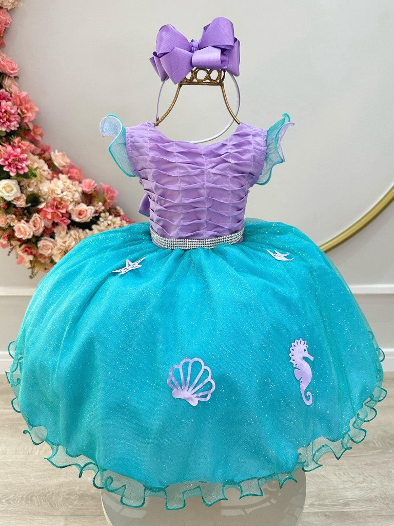 Vestido infantil Ariel con busto plisado y apliques de fondo marino