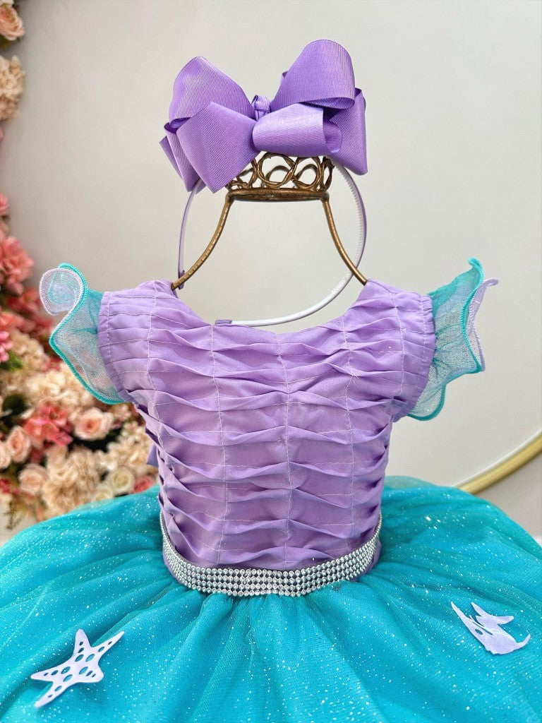 Vestido infantil Ariel con busto plisado y apliques de fondo marino