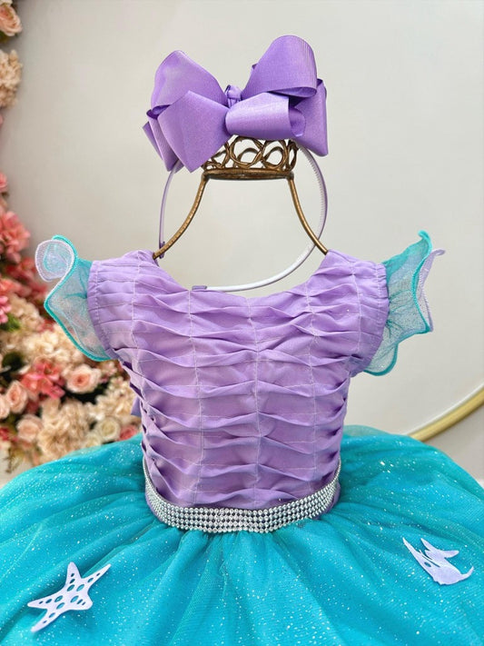 Vestido infantil Ariel con busto plisado y apliques de fondo marino