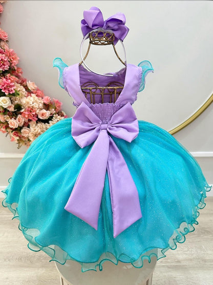 Vestido infantil Ariel con busto plisado y apliques de fondo marino