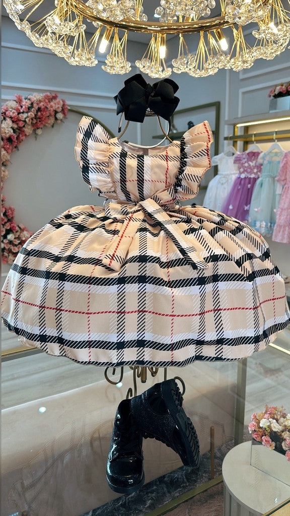 Vestido infantil de fiesta de lujo con cuadros escoceses beige y colorido