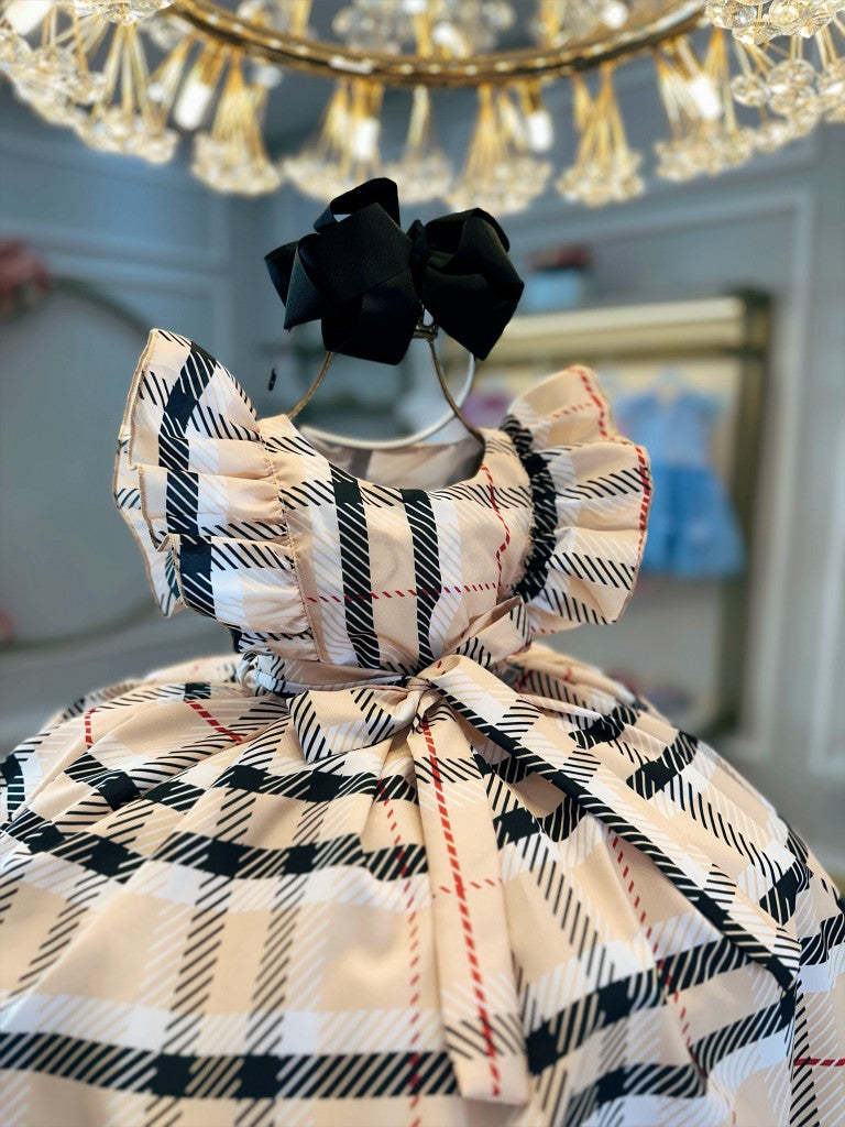 Vestido infantil de fiesta de lujo con cuadros escoceses beige y colorido