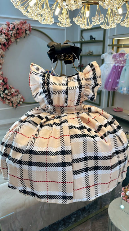 Vestido infantil de fiesta de lujo con cuadros escoceses beige y colorido