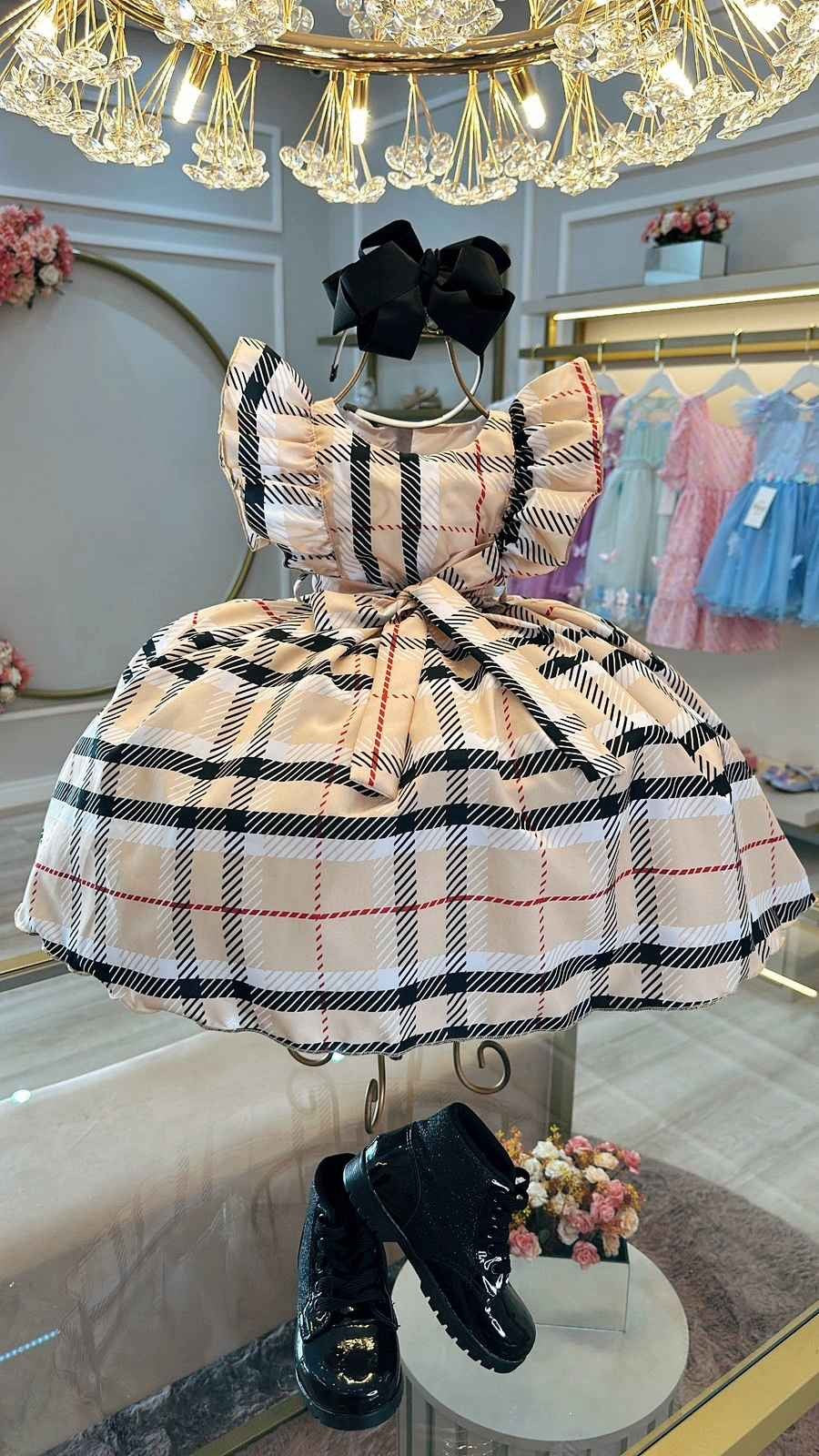 Vestido infantil de fiesta de lujo con cuadros escoceses beige y colorido