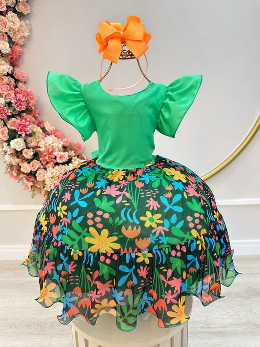 Vestido infantil verde con falda floral de lujo y colorido