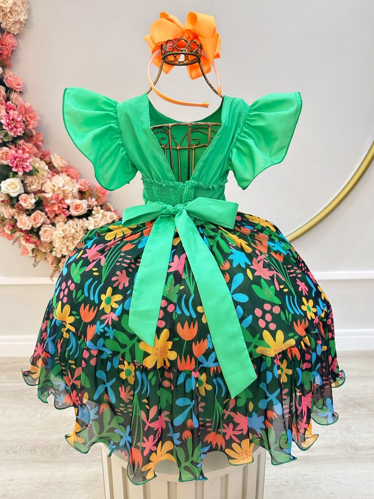 Vestido Infantil Verde Com Saia Florida Colorida Luxo