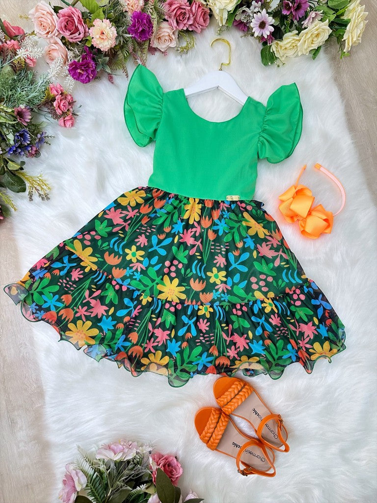 Vestido Infantil Verde Com Saia Florida Colorida Luxo