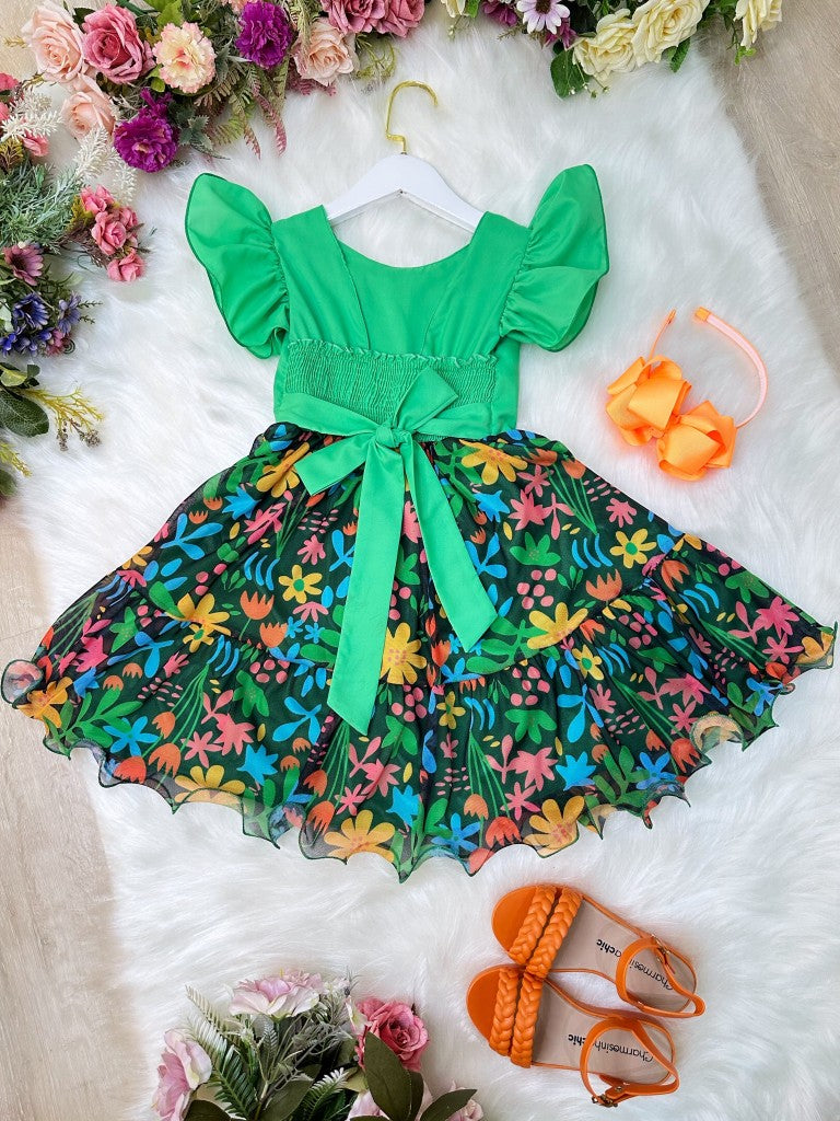 Vestido Infantil Verde Com Saia Florida Colorida Luxo