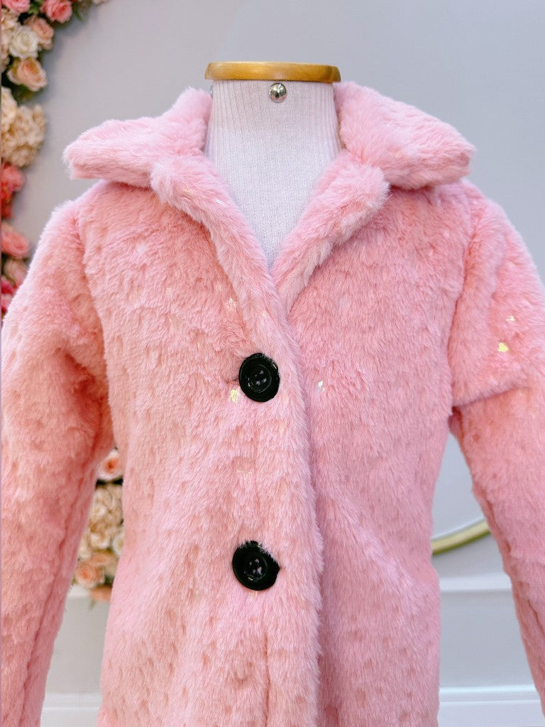 Abrigo infantil de felpa con forro rosa, purpurina y botones 