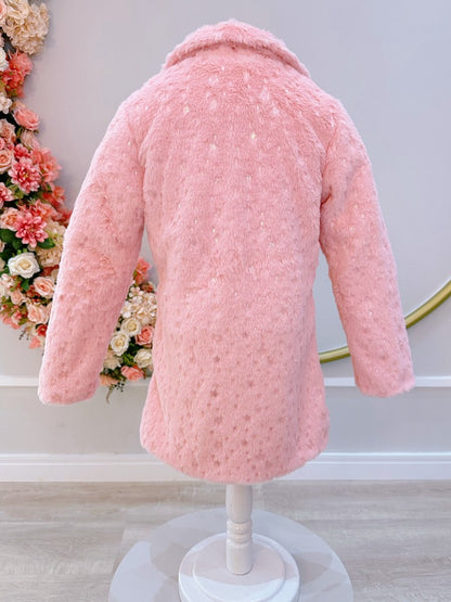 Abrigo infantil de felpa con forro rosa, purpurina y botones 