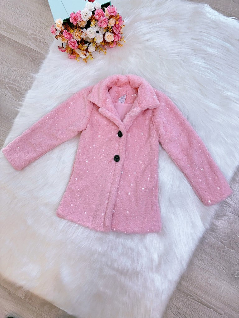 Abrigo infantil de felpa con forro rosa, purpurina y botones 