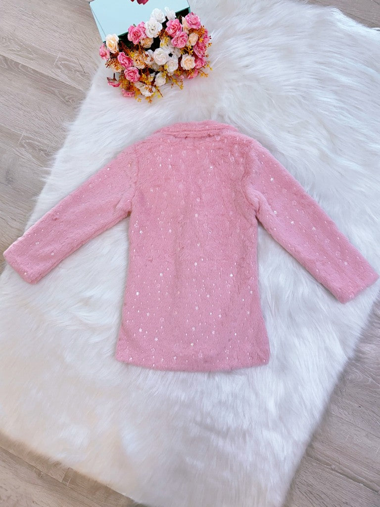 Abrigo infantil de felpa con forro rosa, purpurina y botones 