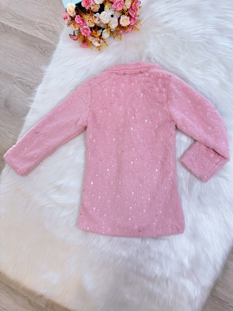 Abrigo infantil de felpa con forro rosa, purpurina y botones 