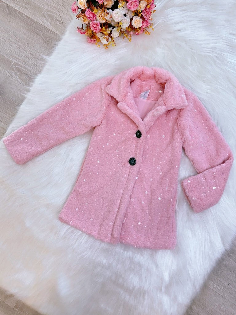 Abrigo infantil de felpa con forro rosa, purpurina y botones 