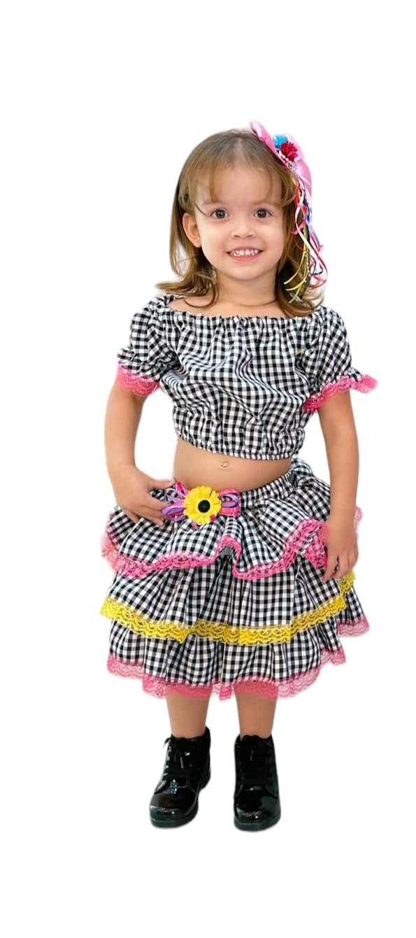 Conjunto corto de cuadros negros Junino para niña con minifalda