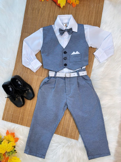 Conjunto Formal: Chaleco, Corbata, Pantalón Gris y Camisa Blanca