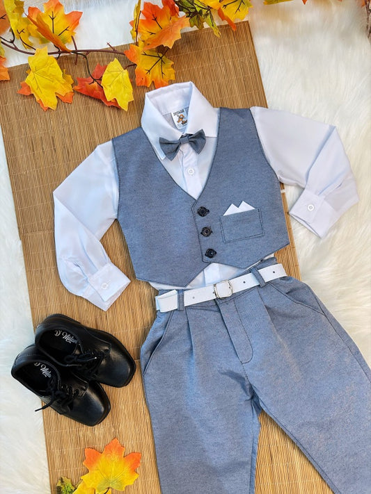 Conjunto Formal: Chaleco, Corbata, Pantalón Gris y Camisa Blanca