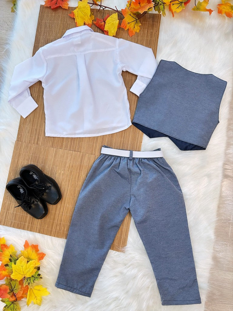 Conjunto Formal: Chaleco, Corbata, Pantalón Gris y Camisa Blanca