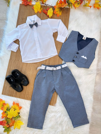 Conjunto Formal: Chaleco, Corbata, Pantalón Gris y Camisa Blanca