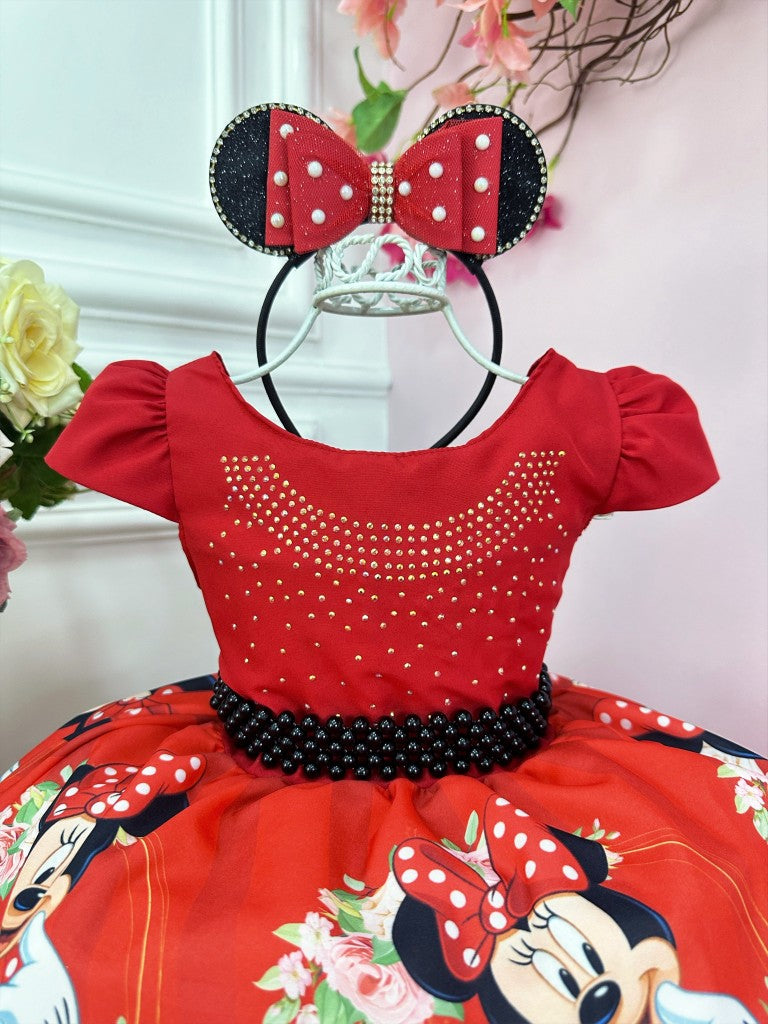 Vestido infantil de Minnie Mouse rojo con cinturón de perlas negras de lujo