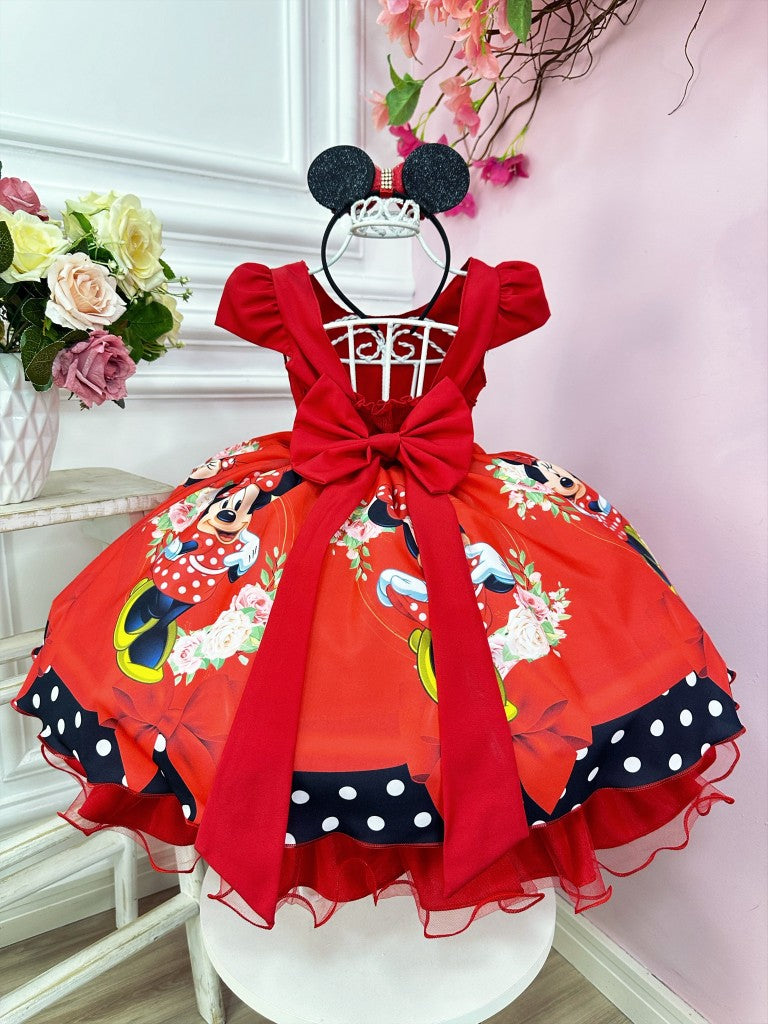 Vestido infantil de Minnie Mouse rojo con cinturón de perlas negras de lujo