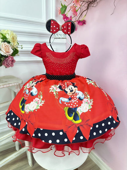 Vestido infantil de Minnie Mouse rojo con cinturón de perlas negras de lujo